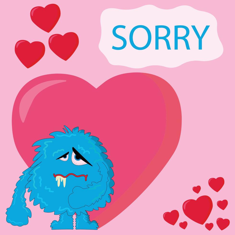 Cartoon-Monster auf einem einfarbigen Hintergrund mit Herzen. Entschuldigungskarte vektor