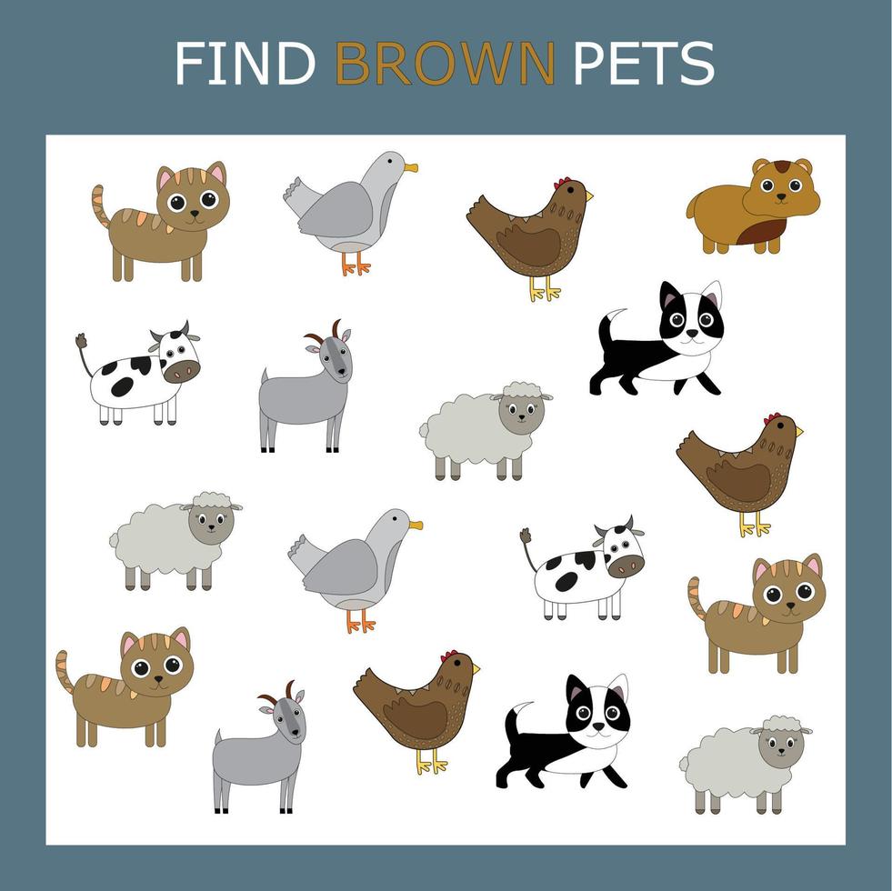pädagogische Aktivität für Kinder, finden Sie die braunen Haustiere unter den bunten. Logikspiel für Kinder. vektor