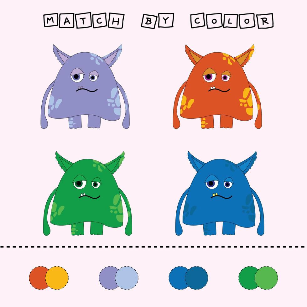 kalkylblad vektor design, utmaning att koppla ihop monster med sin färg. logikspel för barn.