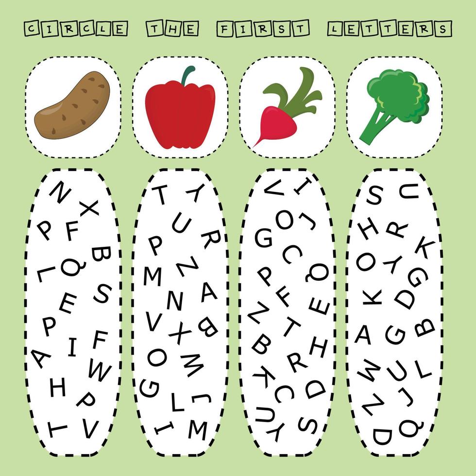 Finde den Anfangsbuchstaben des Gemüses und verbinde. Lernspiel für Kinder. vektor