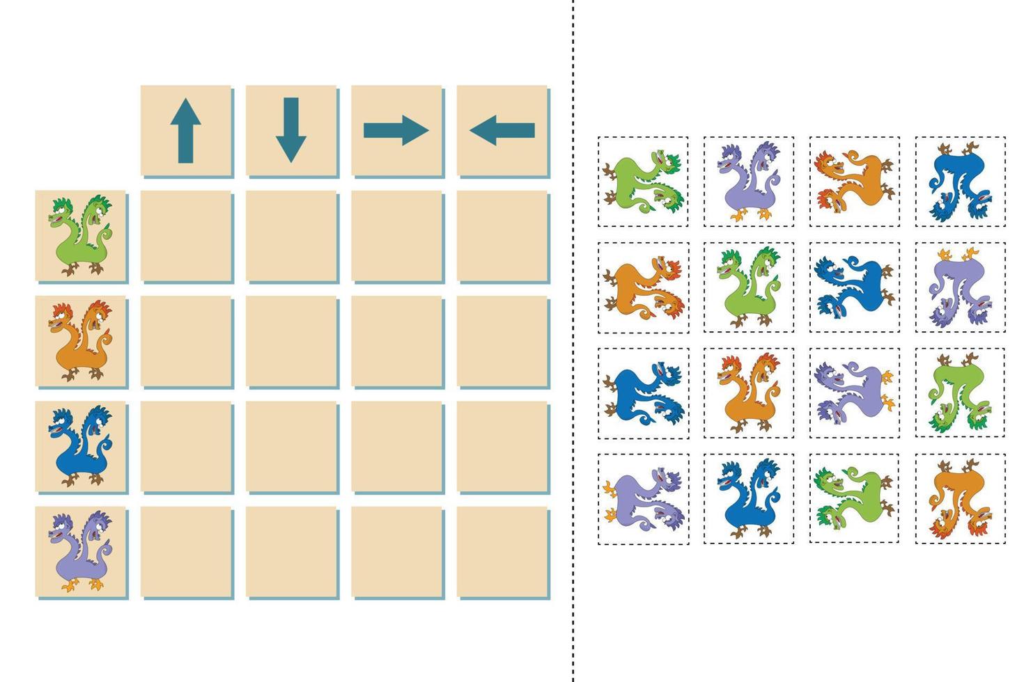 Kombiniere Cartoon-Monster und Richtungen nach oben, unten, links und rechts. Lernspiel für Kinder. vektor