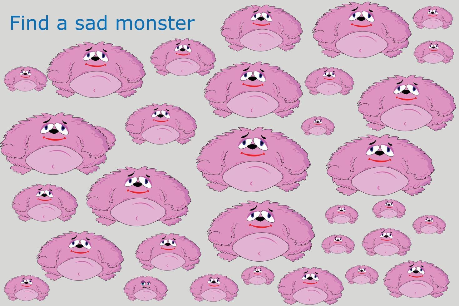 Finde das traurige Monster unter den anderen. vorschularbeitsblatt, arbeitsblatt für kinder, druckbares arbeitsblatt vektor