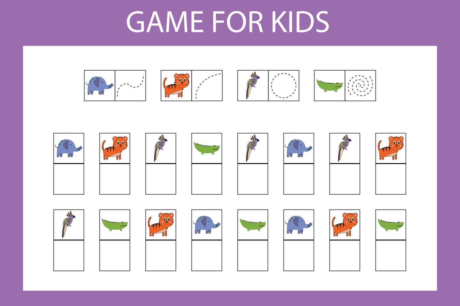 Lernspiel für Kinder im Vorschulalter. Vektor-Illustration. Geben Sie das gewünschte Zeichen gemäß dem Bild in die Zellen ein. vektor