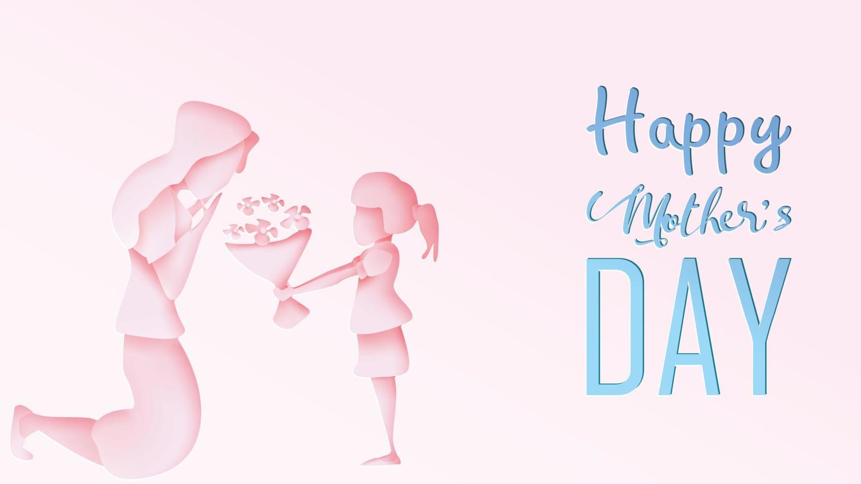 glad mors dag gratulationskort. papperssnitt stil barn dotter gratulerar mamma och ger hennes blommor tulpaner i rosa bakgrund. vektor illustration. kopiera utrymme för text. - vektor