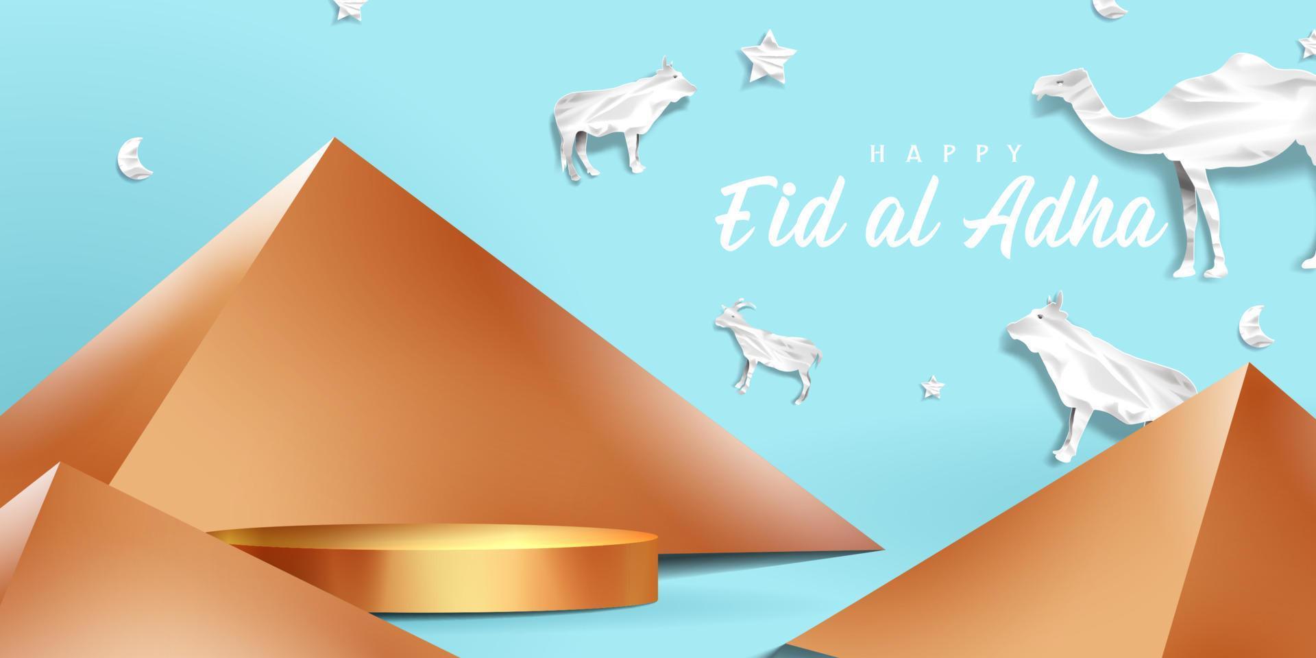 eid al adha islamisk dekoration visa podium bakgrund med get, kamel, ko, måne och stjärna. produktutställning för ramadan kareem, mawlid, eid al fitr, muharram vektor