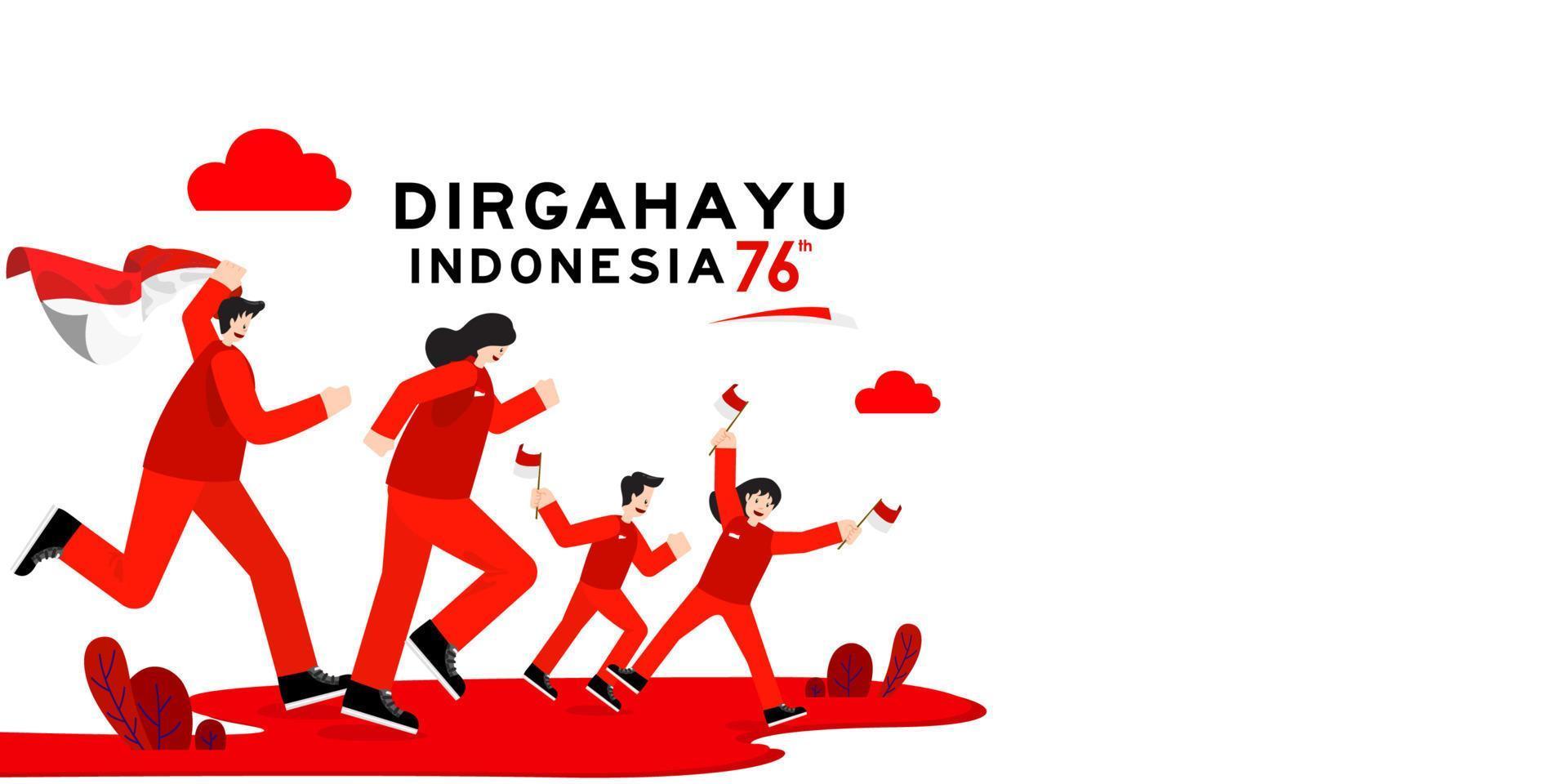 17. August. indonesien glückliche grußkarte zum unabhängigkeitstag mit familie, kindern freude zusammen seit 76 jahren indonesien freiheit vektor