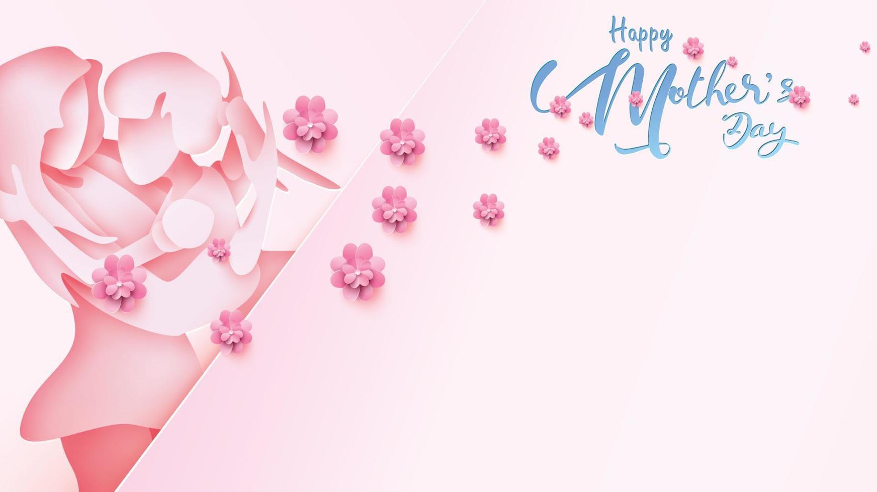 glad mors dag gratulationskort. pappersklippt stil barndotter springer och kramar till sin mamma för att gratulera i rosa bakgrund med blommor. vektor illustration. kopiera utrymme för text. - vektor