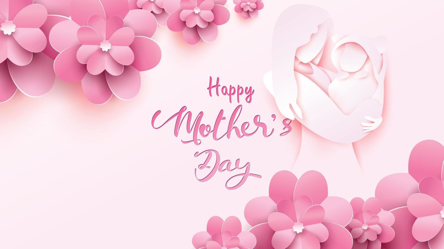 glad mors dag gratulationskort. pappersklipp stil mamma ler och håller frisk baby med lycka i rosa bakgrund med blommor ram. vektor illustration. kopiera utrymme för text. - vektor
