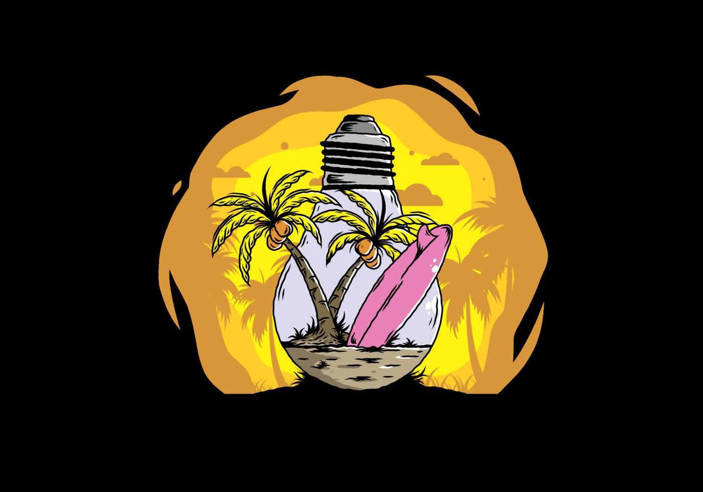 kokospalm och surfbräda i en glödlampa illustration vektor