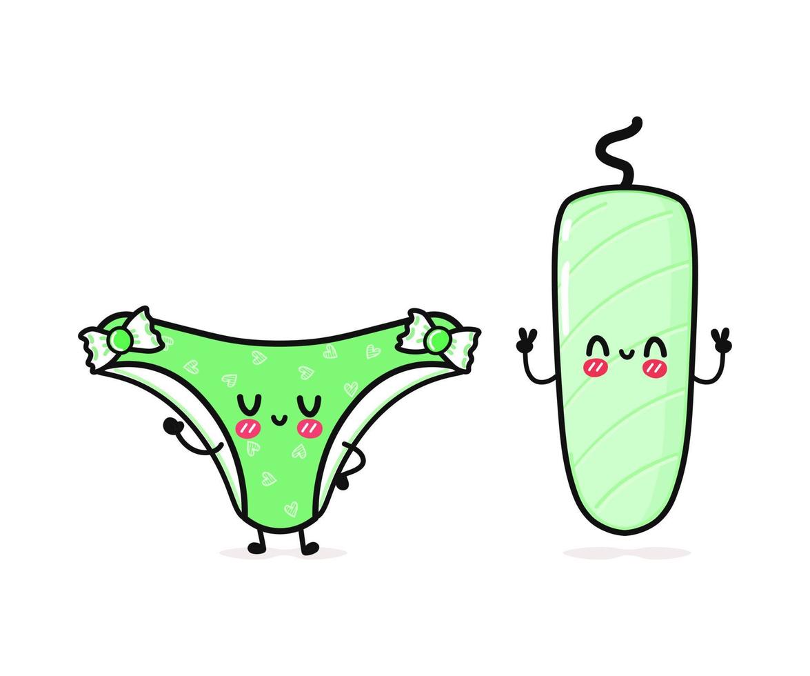 süßes, lustiges, fröhliches grünes Höschen und Tampon Menstruation. Vektor handgezeichnete kawaii Zeichentrickfiguren, Illustrationssymbol. lustige glückliche cartoon grüne höschen und tampon menstruationsmaskottchen freunde