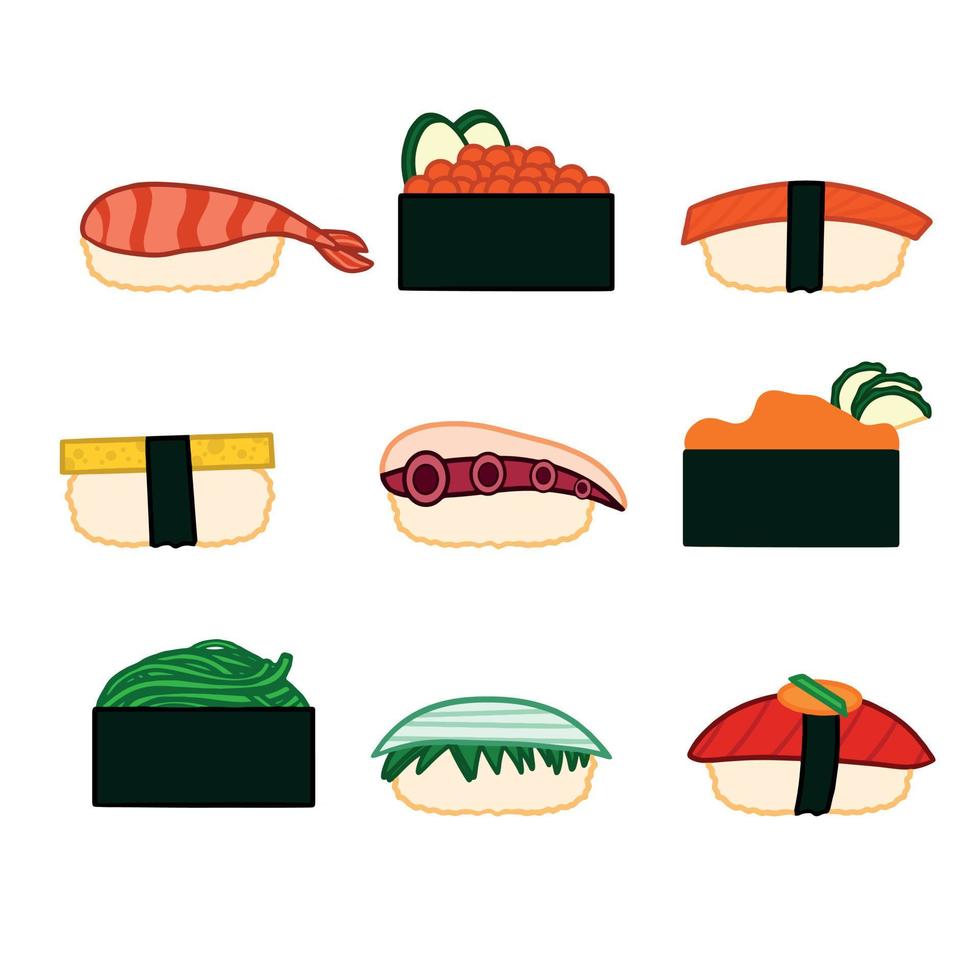 sammlung verschiedener arten von sushi-isolation auf weißem hintergrund. Gestaltungselement für Poster-Emblem-Menü. Vektor-Illustration vektor