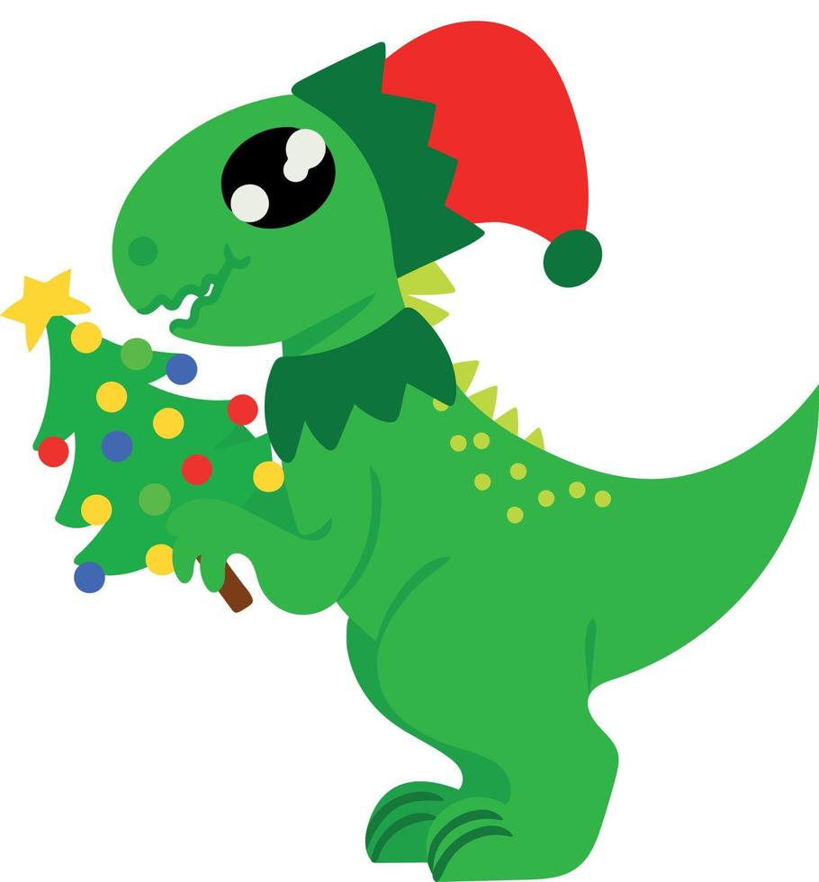 bedårande grön dinosaurie klädd som tomte och med julgran i tassarna. bild isolerad på vit bakgrund. vektor illustration
