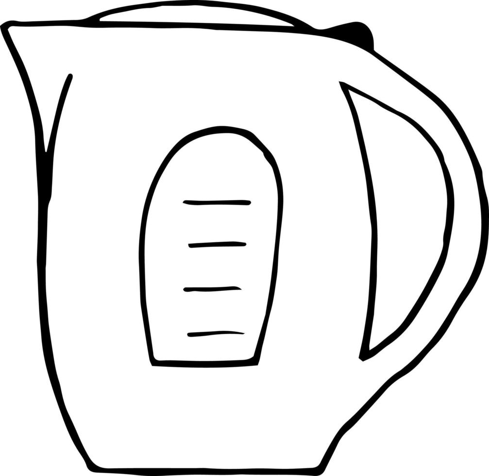 vattenkokare ikon, klistermärke. skiss handritad doodle stil. , minimalism, monokrom. kök, verktyg drycker beredning te kaffe kokande vatten vektor