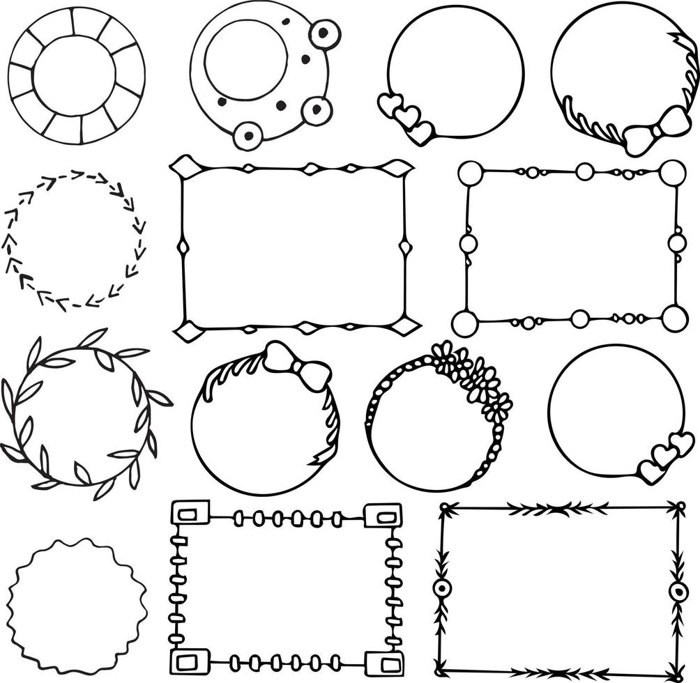 rahmen rund und rechteckig set skizze handgezeichnetes gekritzel. sammlung von randelementen für design, vektor, monochrom, minimalismus, herzen, blumen, blätter, pfeile, bögen vektor