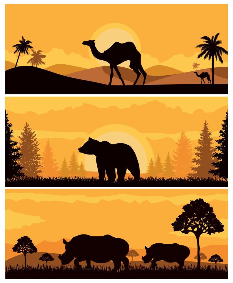 horizontale abstrakte Sonnenuntergangsfahnen von wilden Kamelen, Bären und Nashörnern in der afrikanischen Savanne mit Bäumen. vektor