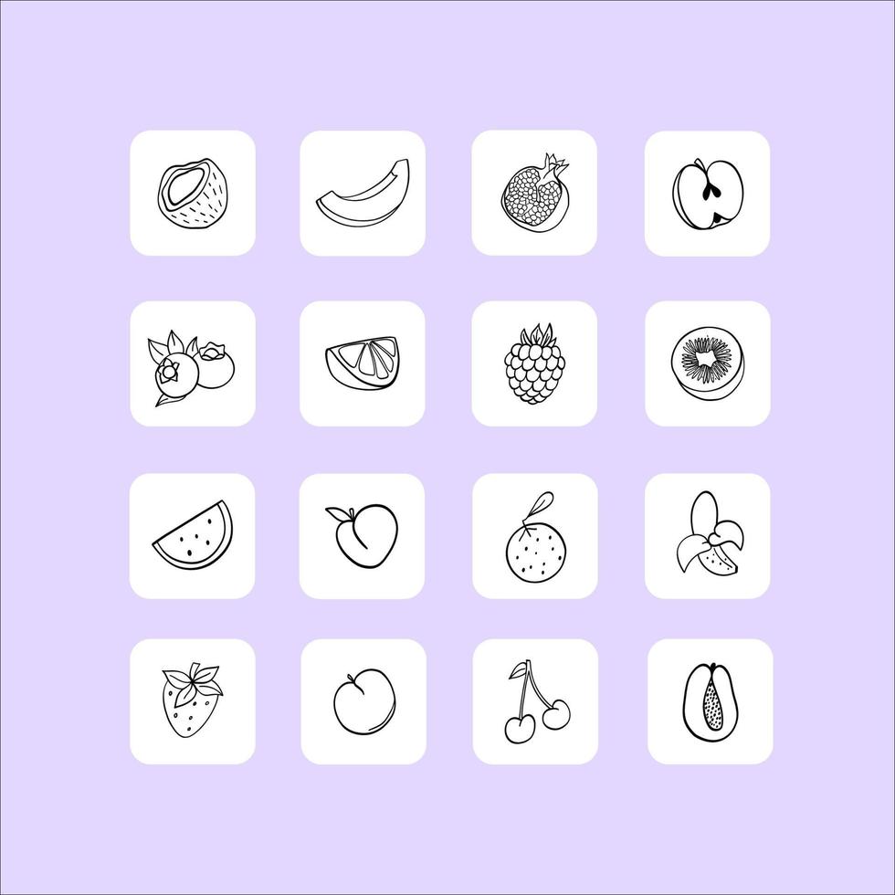 Obst-Set. Kokosnuss, Melone, Granatapfel, Apfel, Heidelbeere, Orange, Himbeere, Wassermelone, Banane, Pfirsich, Orange, Erdbeere, Kirsche. Fruchtskizze. lineare Vektordarstellung vektor