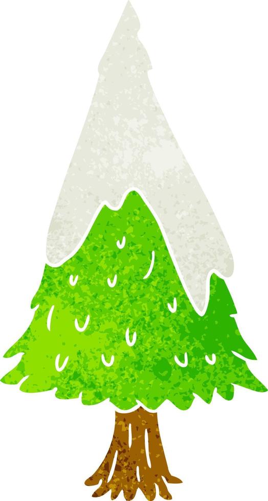 retro tecknad doodle enda snötäckt träd vektor