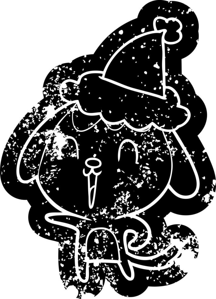 niedliche cartoon-distressed-ikone eines hundes mit weihnachtsmütze vektor