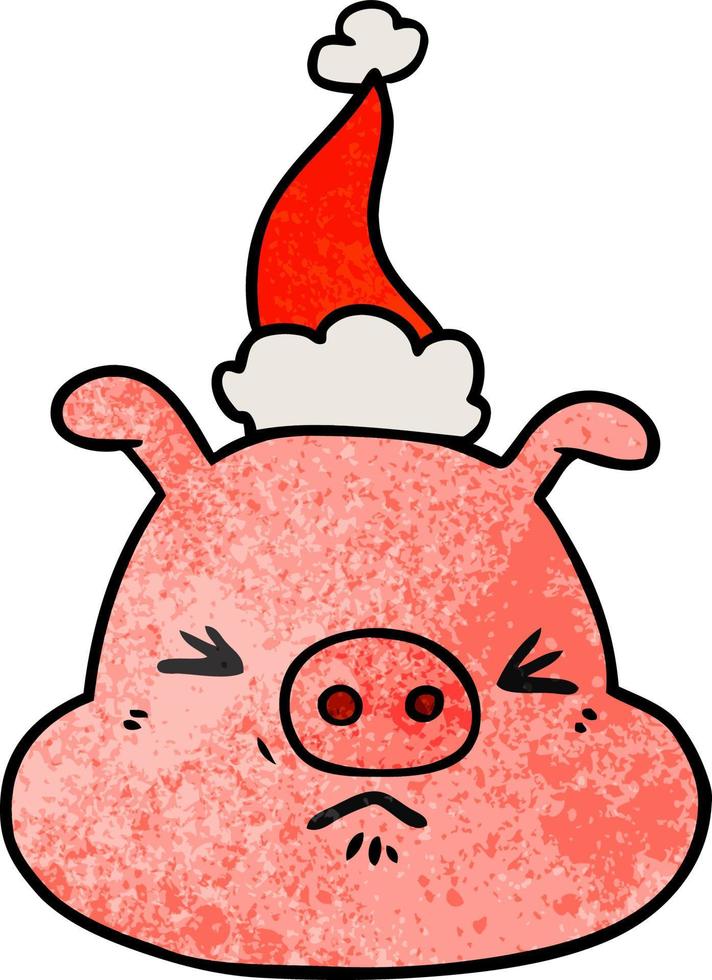 strukturierter Cartoon eines wütenden Schweinegesichts mit Weihnachtsmütze vektor