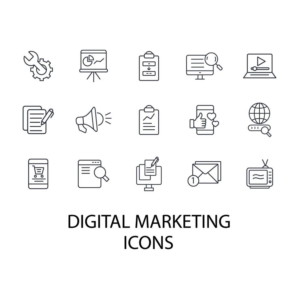 Symbole für digitales Marketing festgelegt. Symbolvektorelemente für digitales Marketingpaket für Infografik-Web vektor