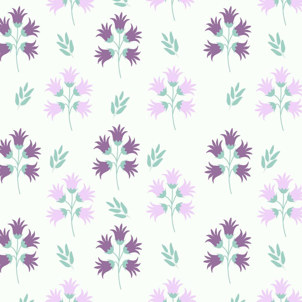 sömlösa blommönster med lila blåklocka blommor och runda fläckar vektor