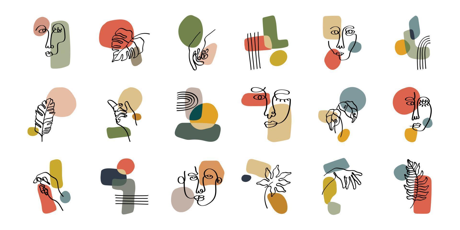 uppsättning av clipart illustration med blommor, hand och ansikte element. samling av abstrakta former sammansättning. boho stil design för affisch, tapeter, väggkonst, dekoration och prydnad. vektor