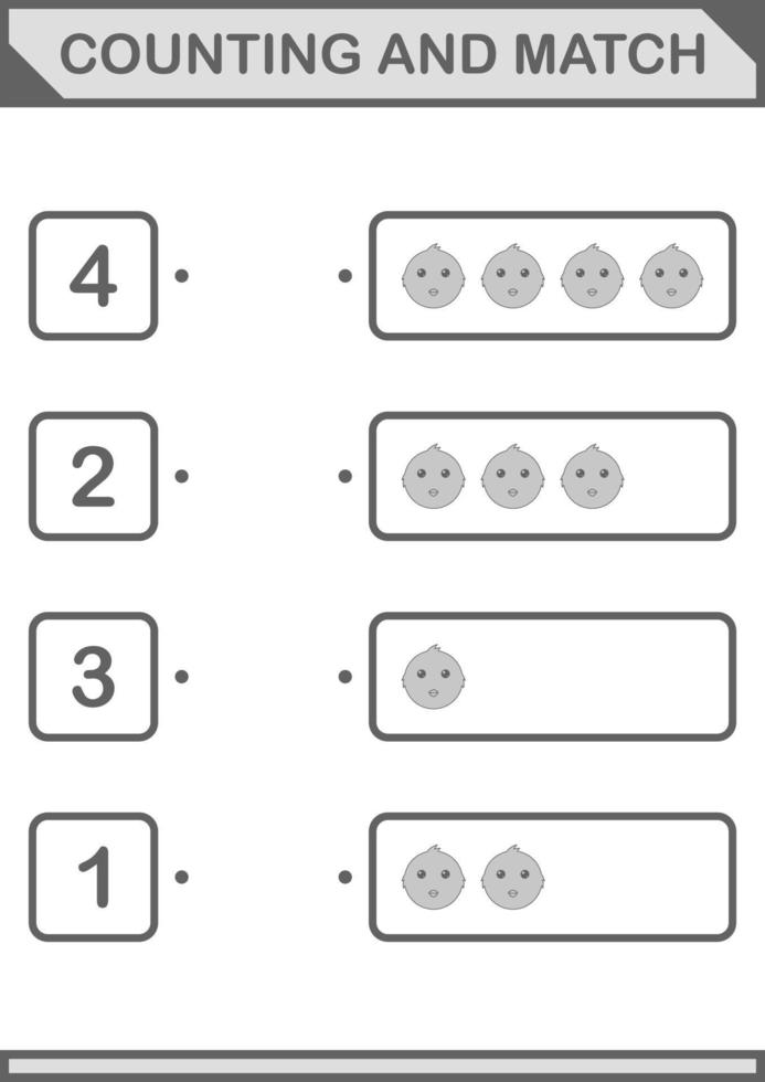 Zählen und passendes Hühnergesicht. Arbeitsblatt für Kinder vektor