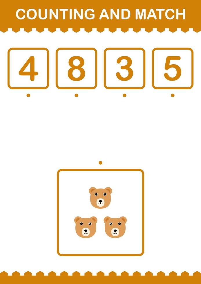 räkna och matcha björnansikte. arbetsblad för barn vektor