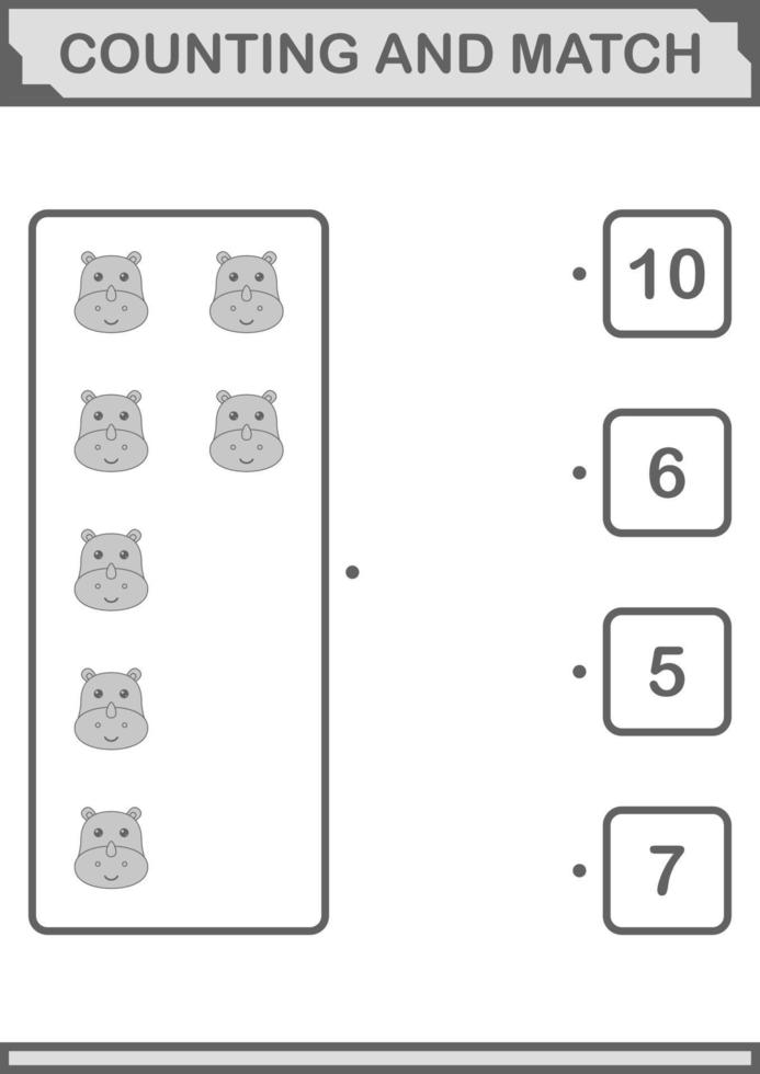 Zählen und Match-Nashorn-Gesicht. Arbeitsblatt für Kinder vektor