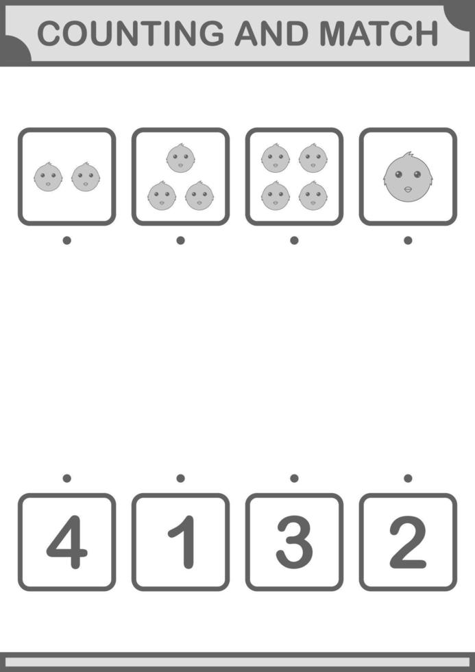 Zählen und passendes Hühnergesicht. Arbeitsblatt für Kinder vektor