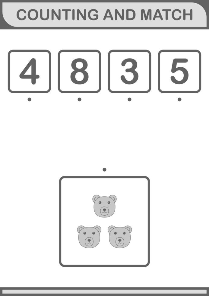 Zählen und passendes Bärengesicht. Arbeitsblatt für Kinder vektor