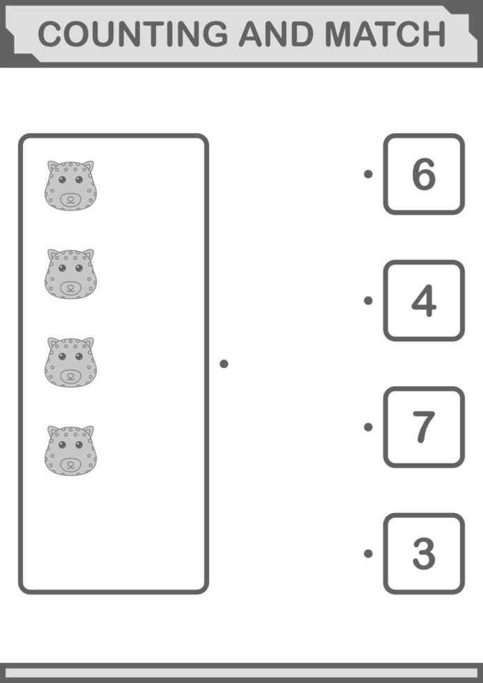 Leopardengesicht zählen und abgleichen. Arbeitsblatt für Kinder vektor