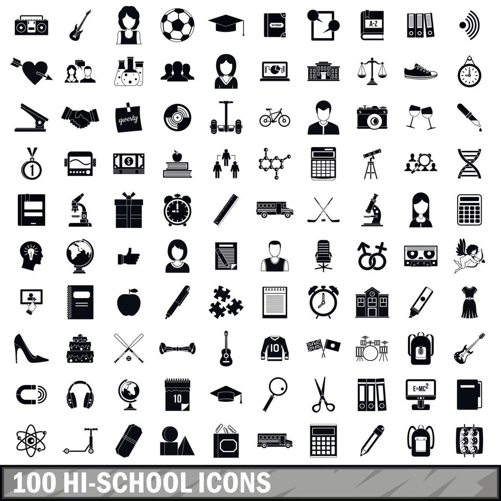 100 High-School-Icons gesetzt, einfacher Stil vektor