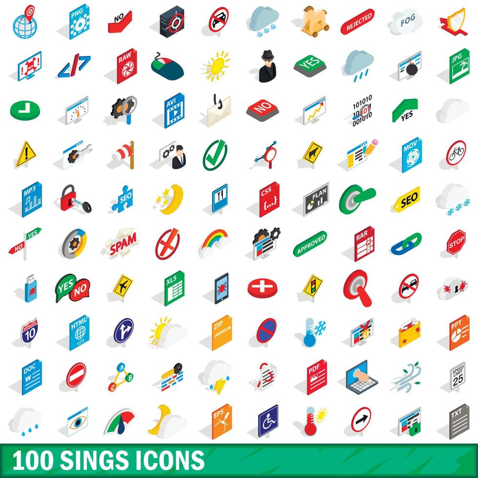 100 sjunger ikoner set, isometrisk 3d-stil vektor
