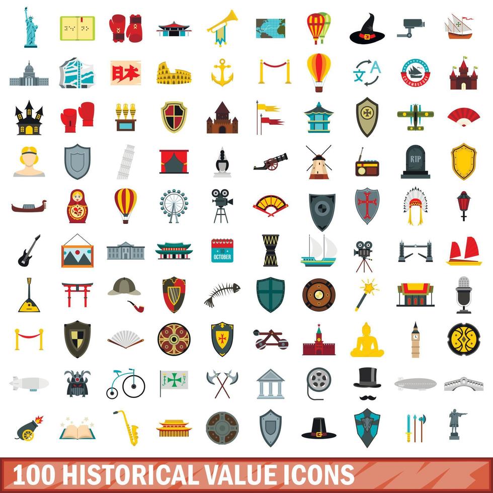 100 historiska värde ikoner set, platt stil vektor