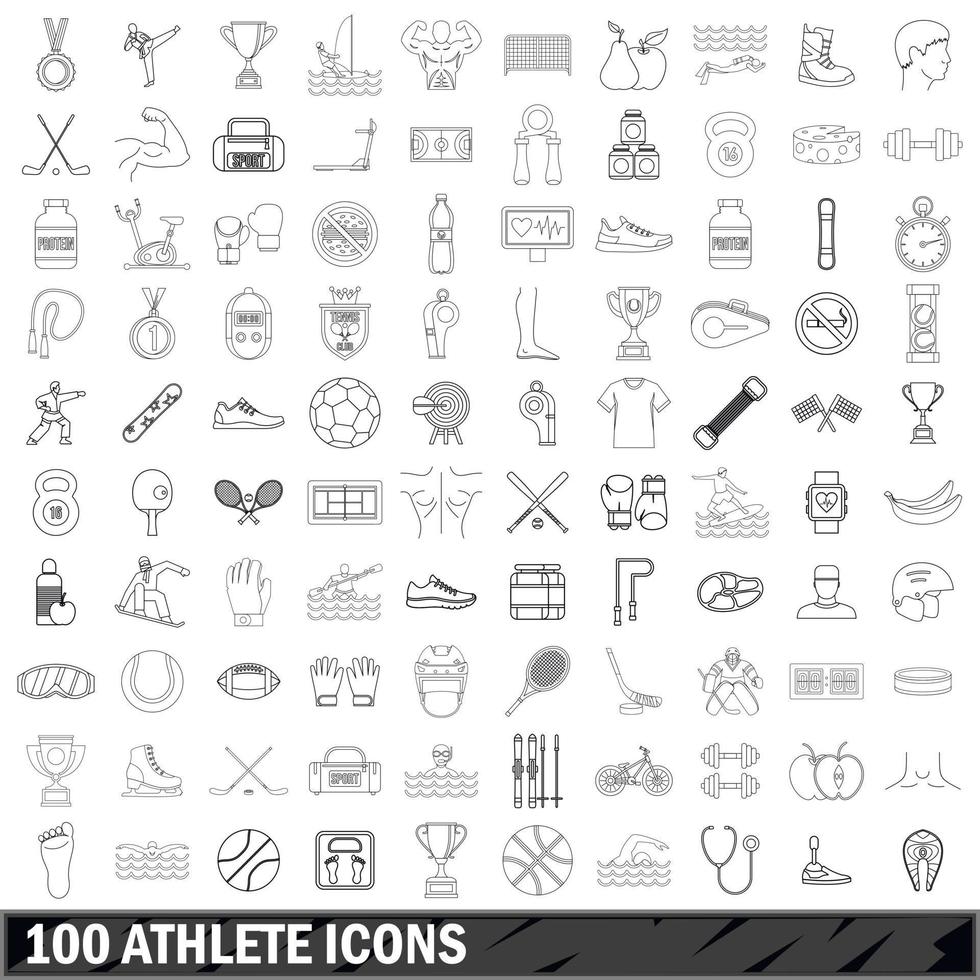 100 Athleten-Icons gesetzt, Umrissstil vektor