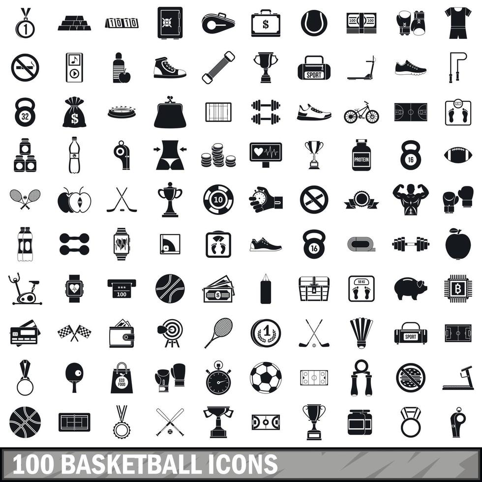 100 Basketball-Icons gesetzt, einfacher Stil vektor