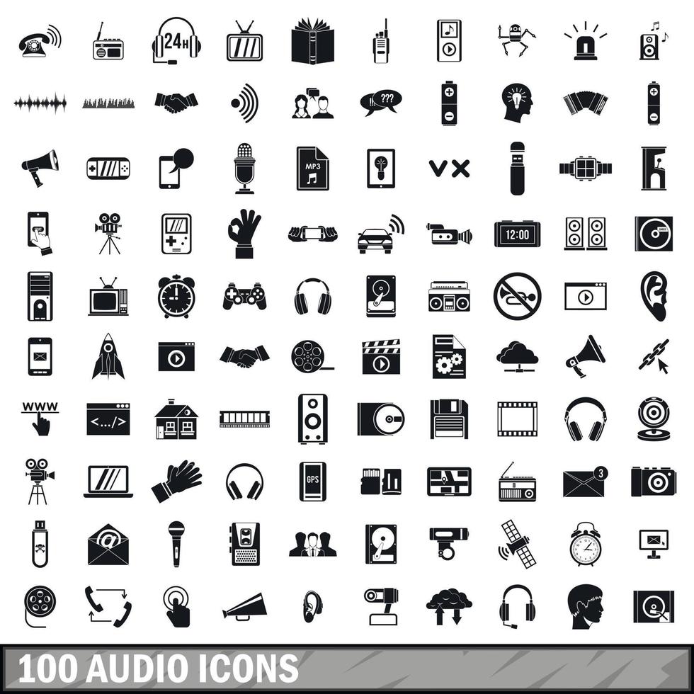 100 Audio-Icons gesetzt, einfacher Stil vektor