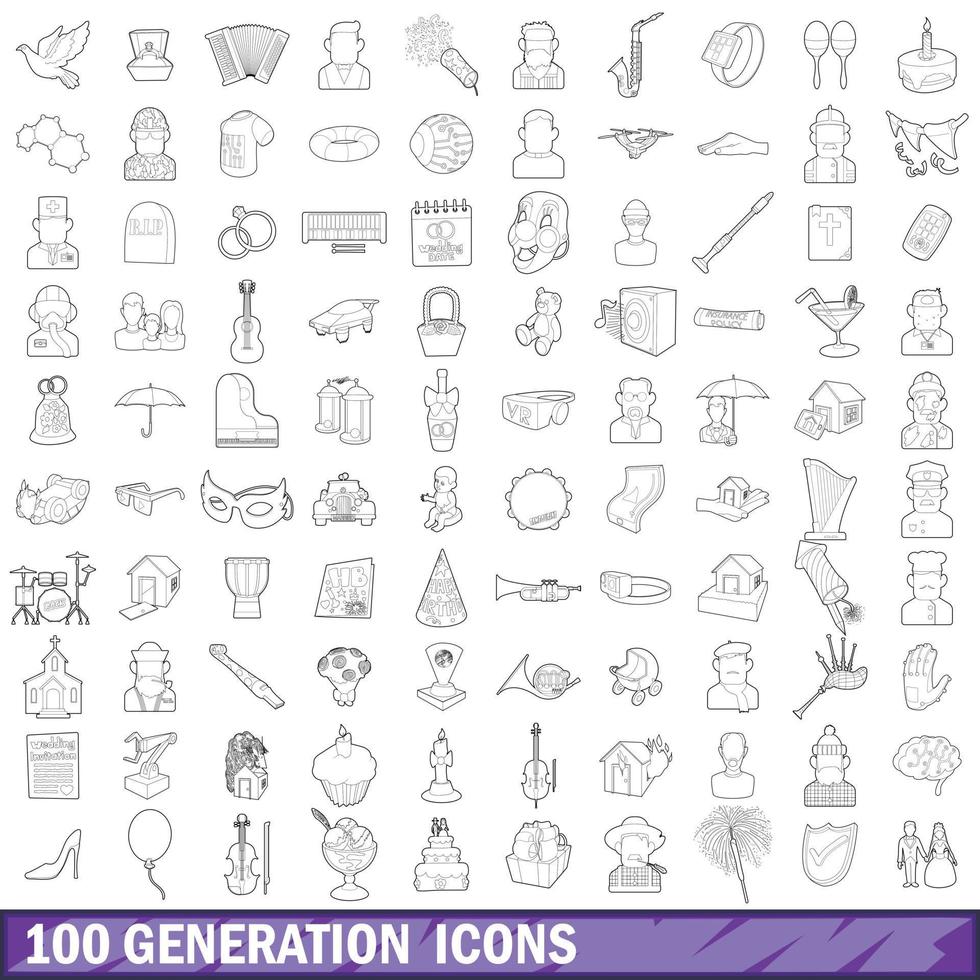 100 Generation Icons Set, Umrissstil vektor