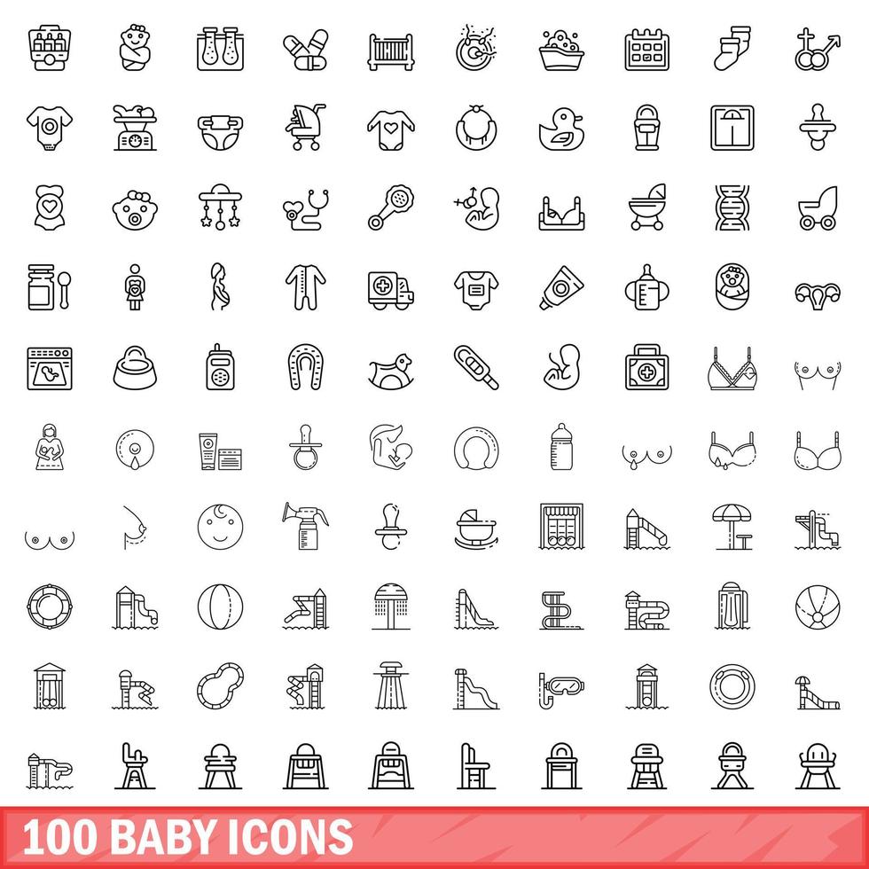 100 baby ikoner set, kontur stil vektor