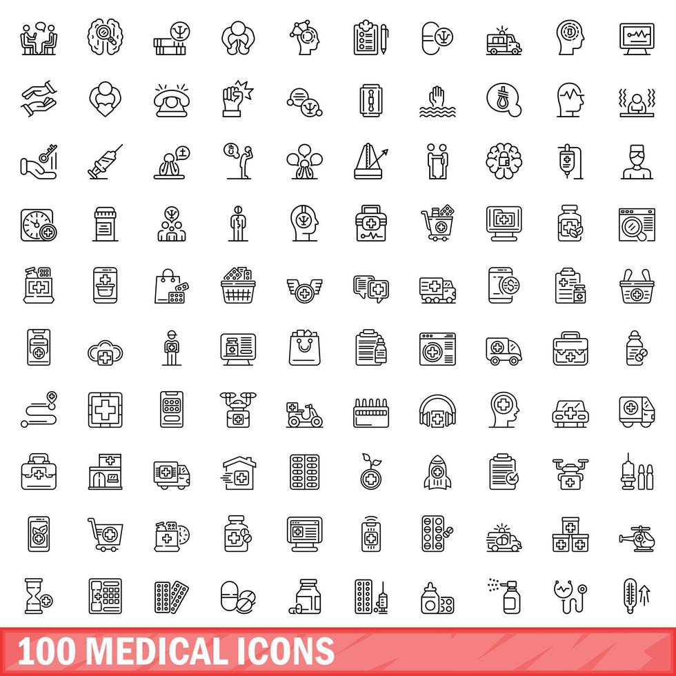 100 medicinska ikoner set, konturstil vektor