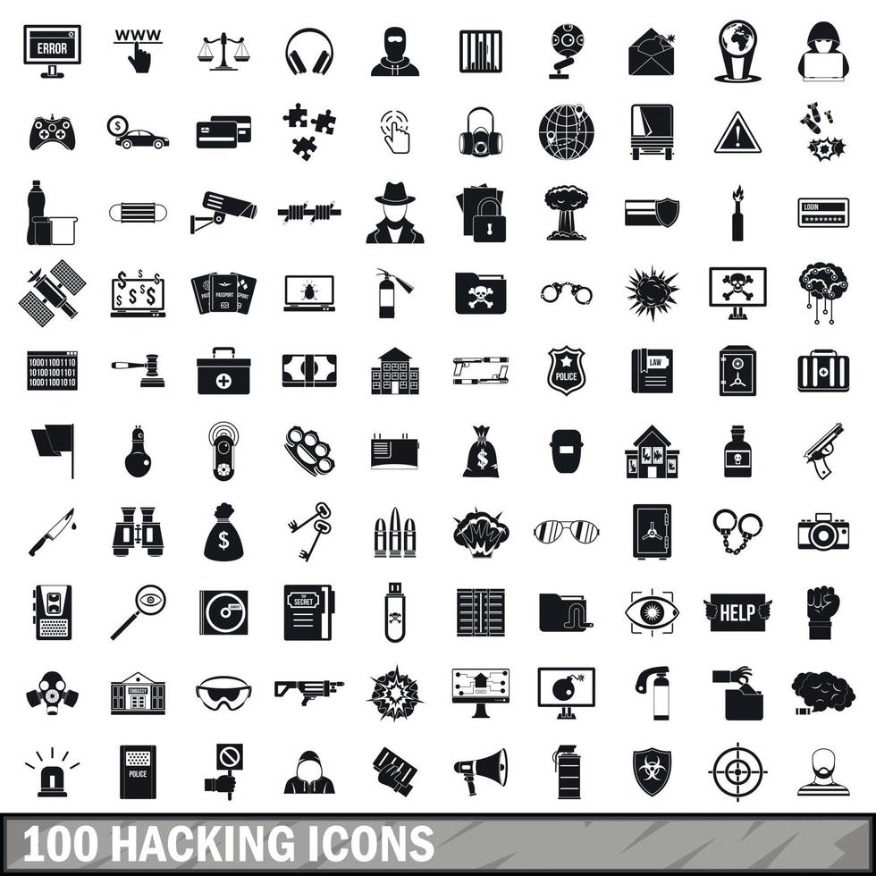 100 Hacking-Icons gesetzt, einfacher Stil vektor