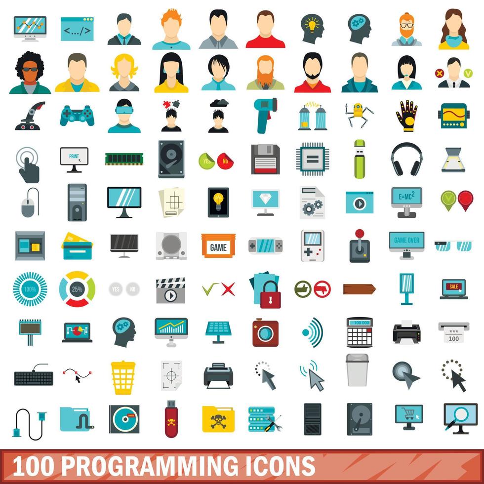 100 programmeringsikoner set, platt stil vektor