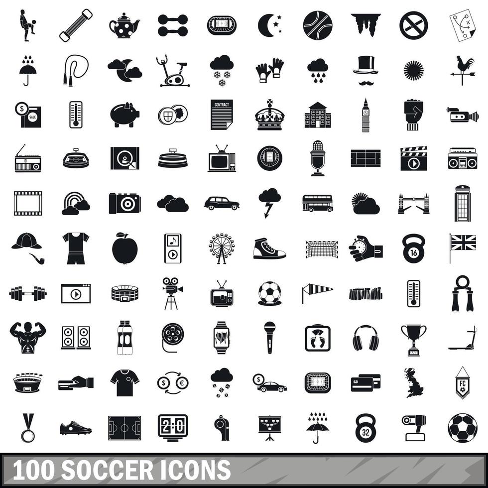 100 Fußball-Icons gesetzt, einfacher Stil vektor