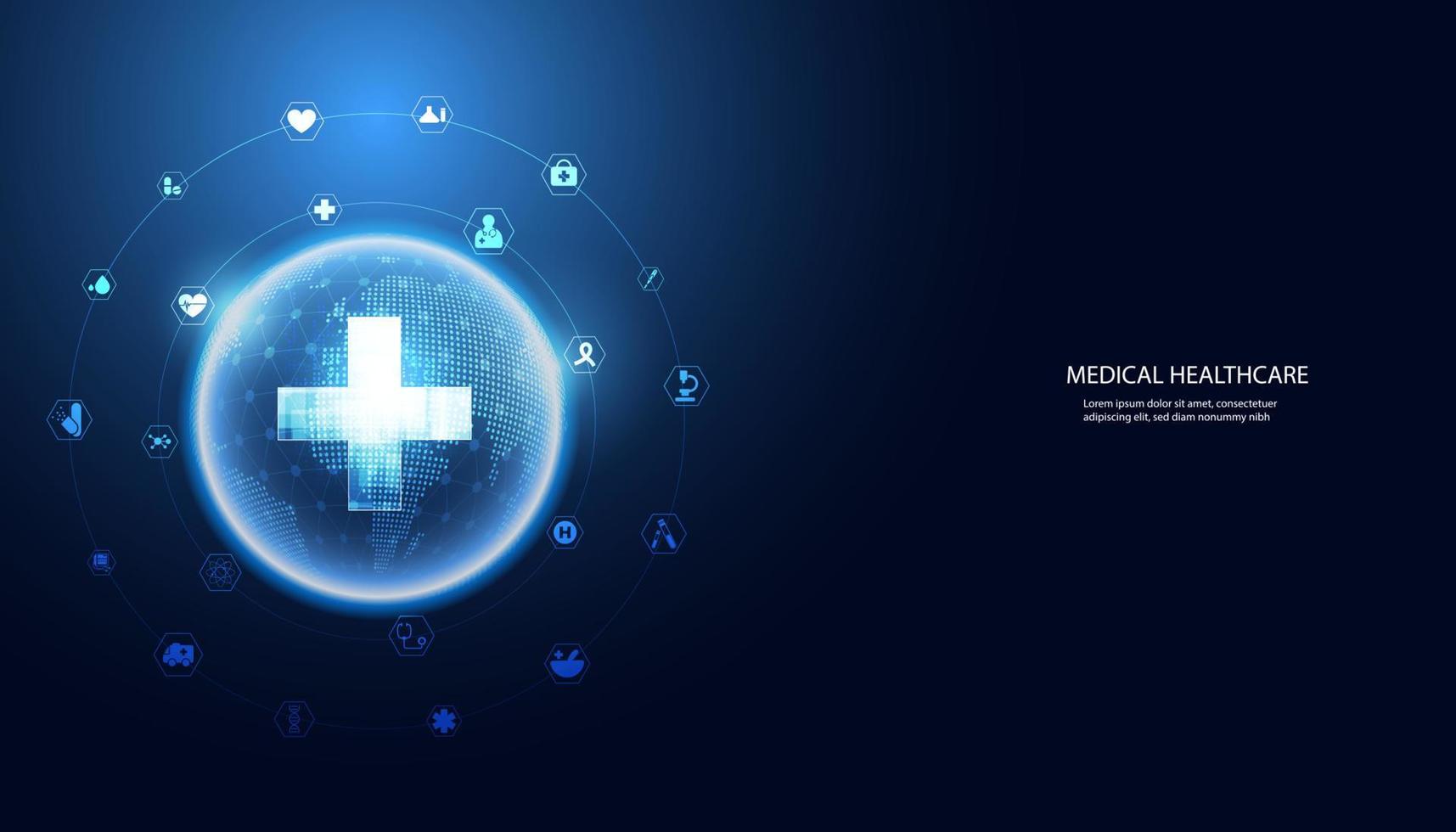 abstrakt hälsovetenskap består av hälsa plus cirkel digitala och världsikoner teknikkoncept modern medicinsk på hi tech framtida blå bakgrund. vektor