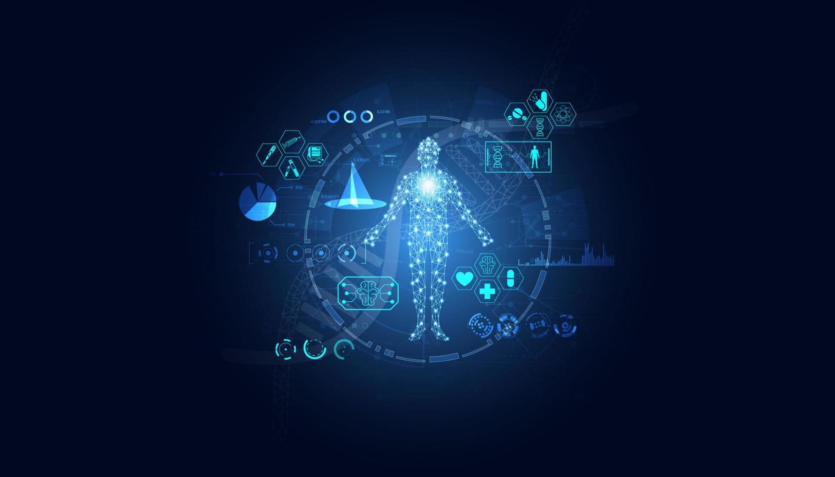 abstrakt, sjukvård, innovation, medicinsk forskning, koncept, dna, medicinsk ikon genredigering teknologi gränssnitt laboratorium med hjälp av ai robotar på blå bakgrund. vektor illustration.