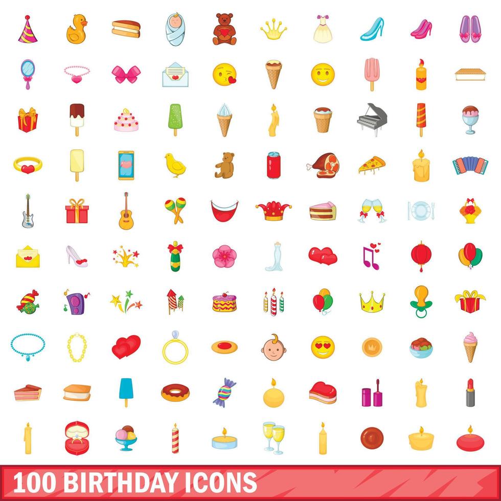 100 födelsedag ikoner set, tecknad stil vektor