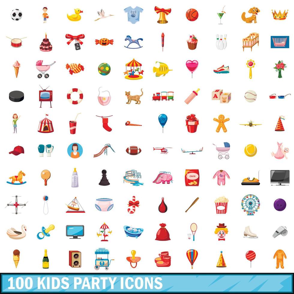 100 Kinderparty-Icons gesetzt, Cartoon-Stil vektor
