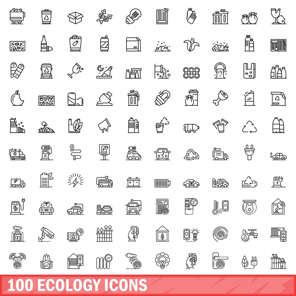 100 ekologi ikoner set, kontur stil vektor