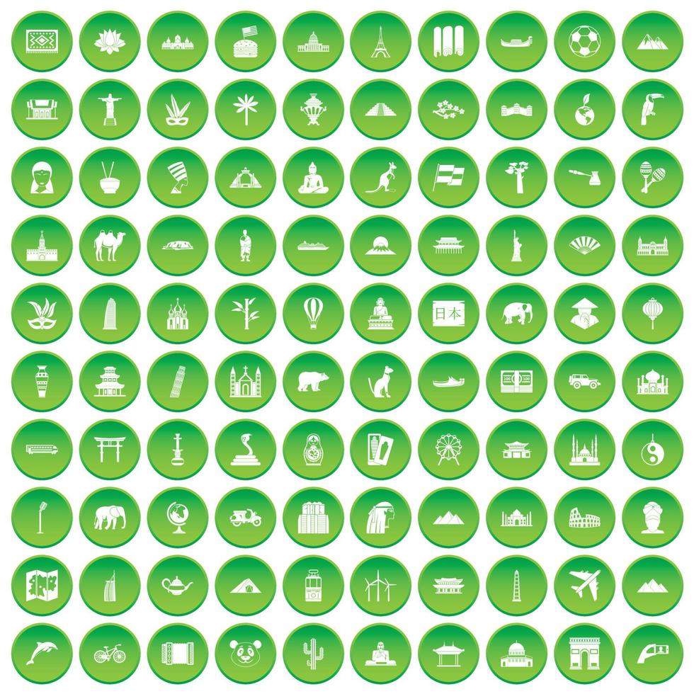 100 Weltsymbole setzen grünen Kreis vektor